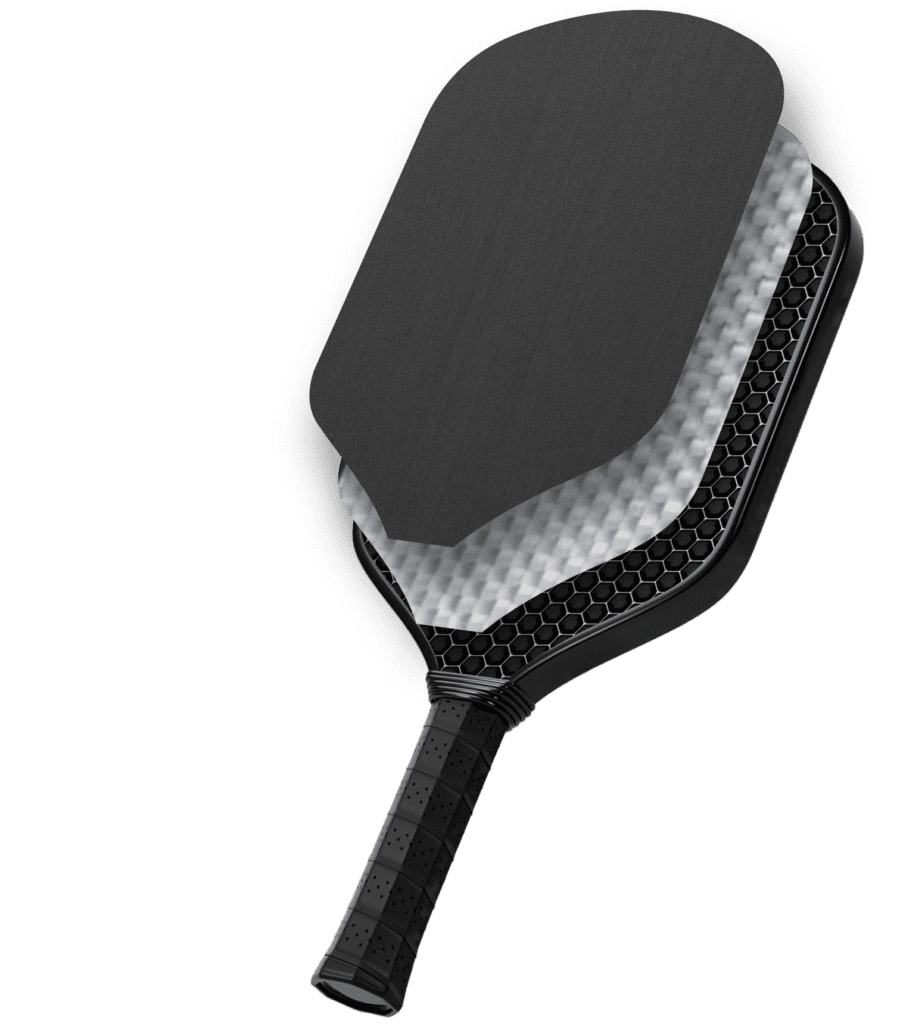 This Image shows each of the components of a Pickleball paddle, usually a 12mm vs. 14mm Pickleball core with a fiberglass or T700 carbon fiber surface.