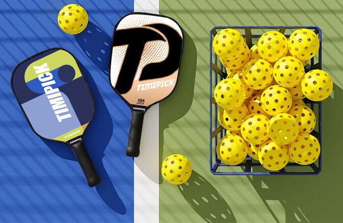 The image shows 2 pcs of fiberglass pickleball paddle and a basket of pickleball balls on the court