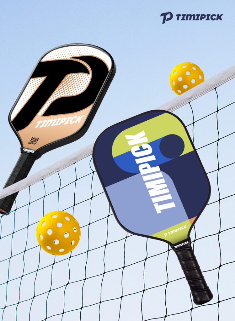 This is a promotional image for the Pickleball brand, featuring two fibreglass paddles in the main body and the Pickleball net in the background