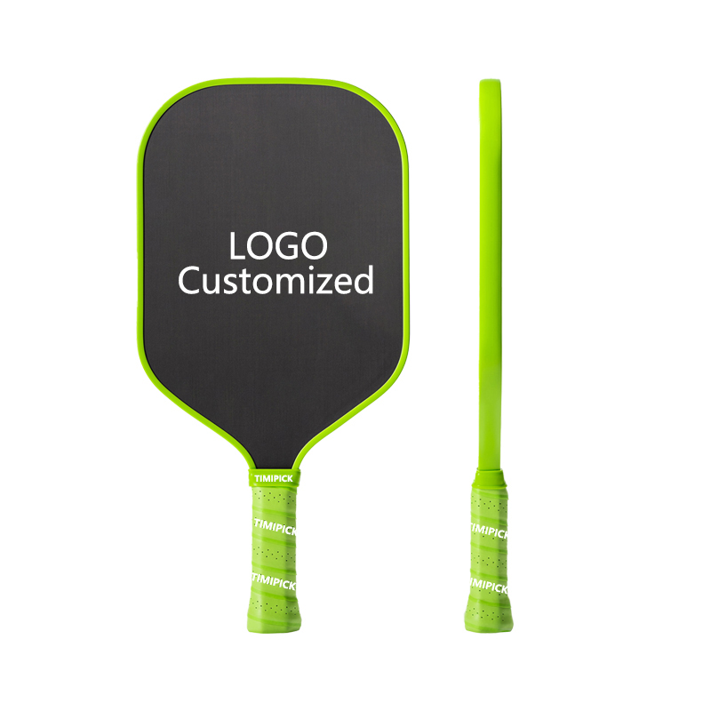 This is a concept drawing of a customised Pickleball paddle with green side strips and a black surface, which could be used to customise and then produce this product.