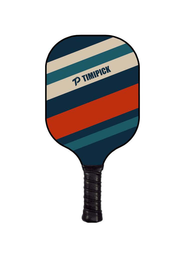 A fiberglass pickleball paddle for beginners with striped background and Blue logo pattern surface